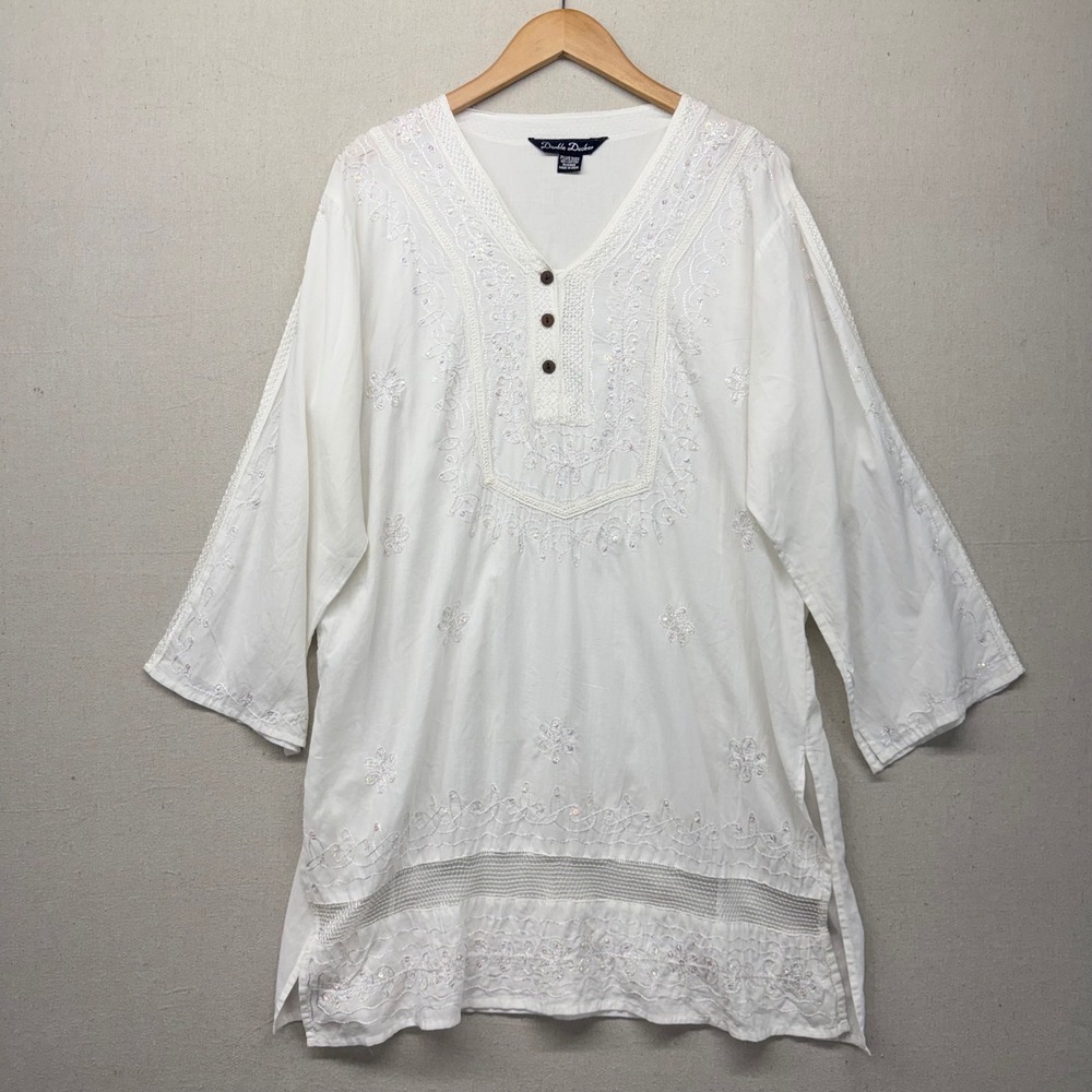 Double Decker White Cotton Embroidered Sequin Tunic Top Plus Size Boho V-Neck